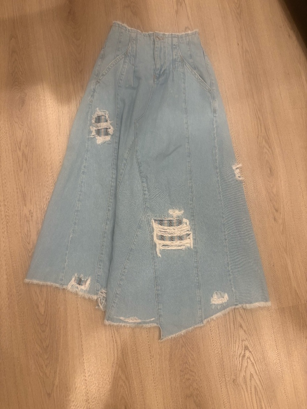 Free People Riptide Maxi Denim Skirt Distressed Jean Plaid Patch Seamed